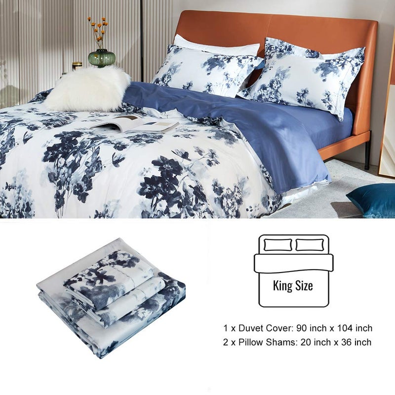 MILDLY 100% Long Staple Cotton Duvet Cover Set Navy Blue Leaves Printed Comforter Cover Set Watercolor Plant Floral Bed Linen Set King Size - Image 4